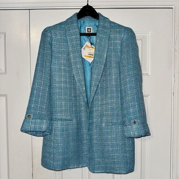 NWT Anne Klein Siren Blue Tweed Open Front Career Jacket Blazer Size S $139 - Picture 3 of 10